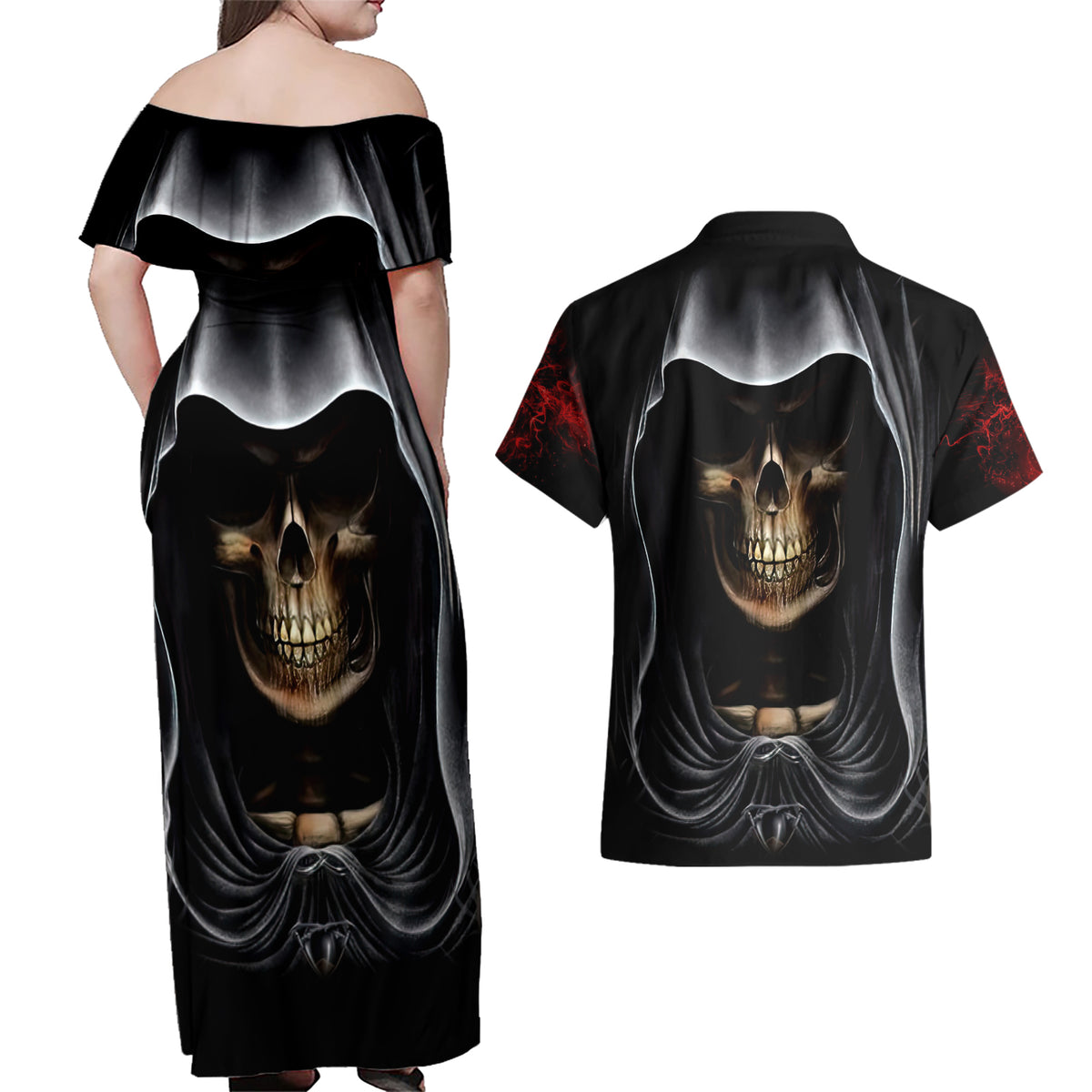 Skull Couples Matching Off Shoulder Maxi Dress and Hawaiian Shirt Double Skull And Death Angel - Wonder Print Shop