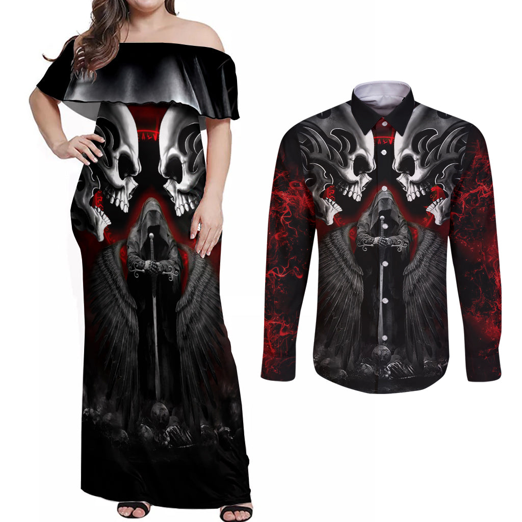 Skull Couples Matching Off Shoulder Maxi Dress and Long Sleeve Button Shirts Double Skull And Death Angel - Wonder Print Shop