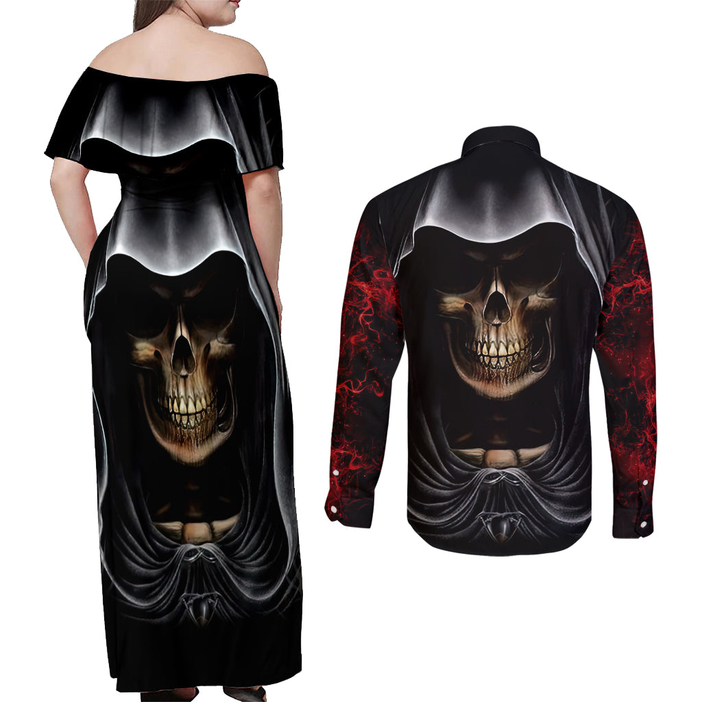 Skull Couples Matching Off Shoulder Maxi Dress and Long Sleeve Button Shirts Double Skull And Death Angel - Wonder Print Shop