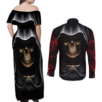 Skull Couples Matching Off Shoulder Maxi Dress and Long Sleeve Button Shirts Double Skull And Death Angel - Wonder Print Shop