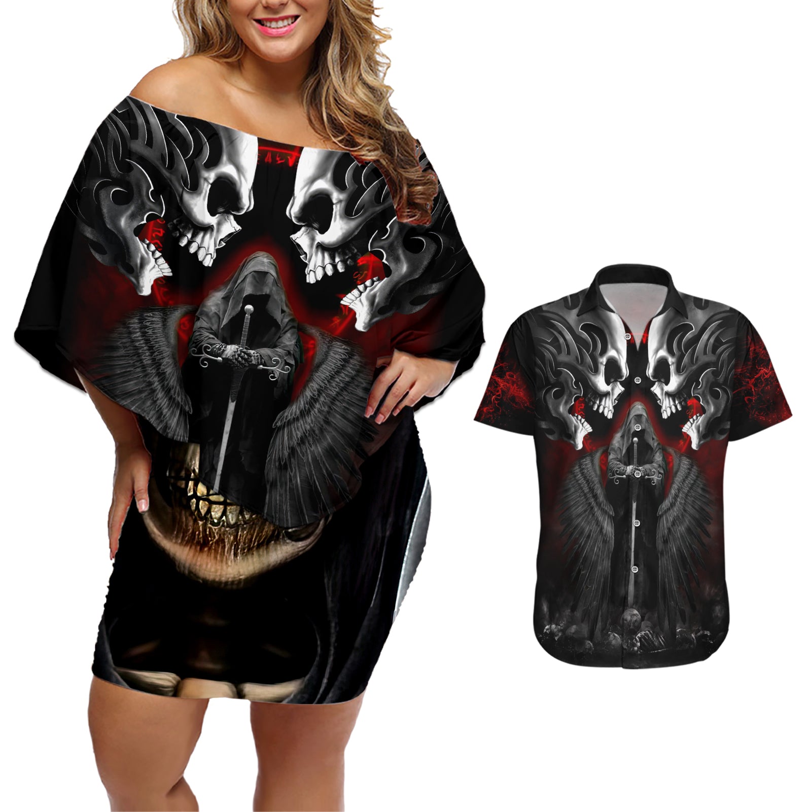 Skull Couples Matching Off Shoulder Short Dress and Hawaiian Shirt Double Skull And Death Angel - Wonder Print Shop