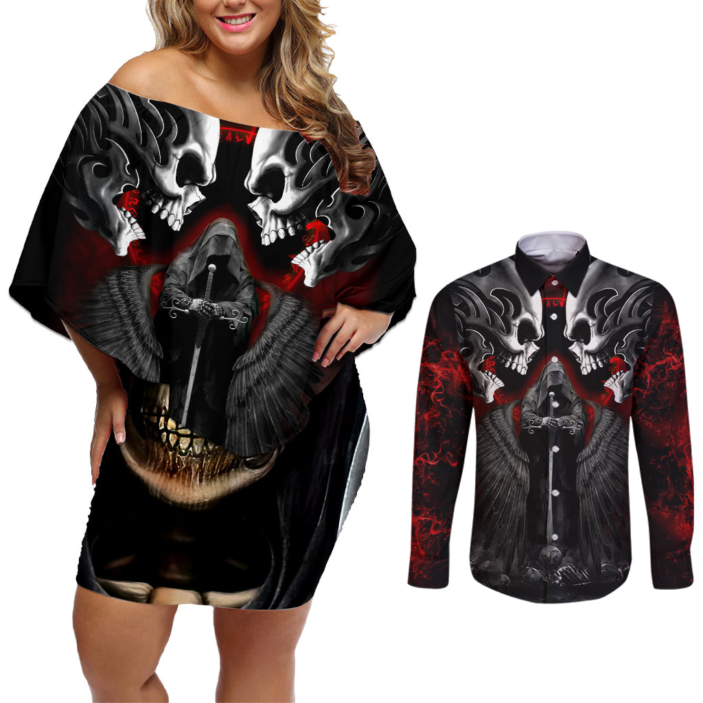 Skull Couples Matching Off Shoulder Short Dress and Long Sleeve Button Shirts Double Skull And Death Angel - Wonder Print Shop