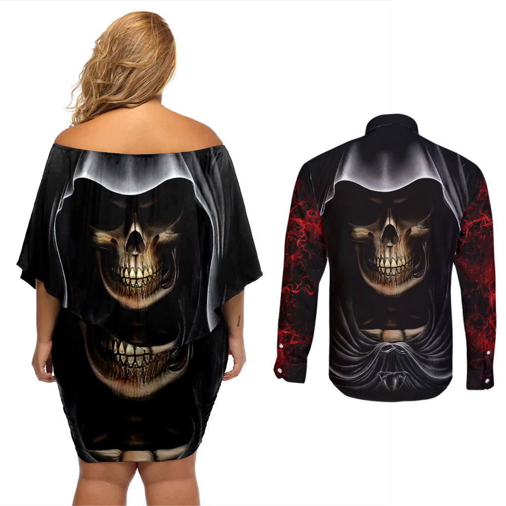 Skull Couples Matching Off Shoulder Short Dress and Long Sleeve Button Shirts Double Skull And Death Angel - Wonder Print Shop