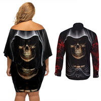 Skull Couples Matching Off Shoulder Short Dress and Long Sleeve Button Shirts Double Skull And Death Angel - Wonder Print Shop