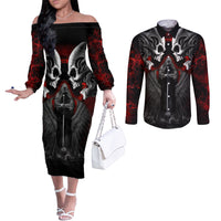 Skull Couples Matching Off The Shoulder Long Sleeve Dress and Long Sleeve Button Shirts Double Skull And Death Angel DT01
