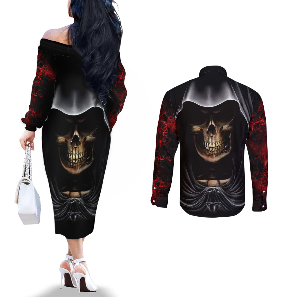 Skull Couples Matching Off The Shoulder Long Sleeve Dress and Long Sleeve Button Shirts Double Skull And Death Angel DT01