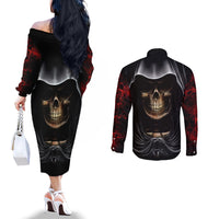 Skull Couples Matching Off The Shoulder Long Sleeve Dress and Long Sleeve Button Shirts Double Skull And Death Angel DT01