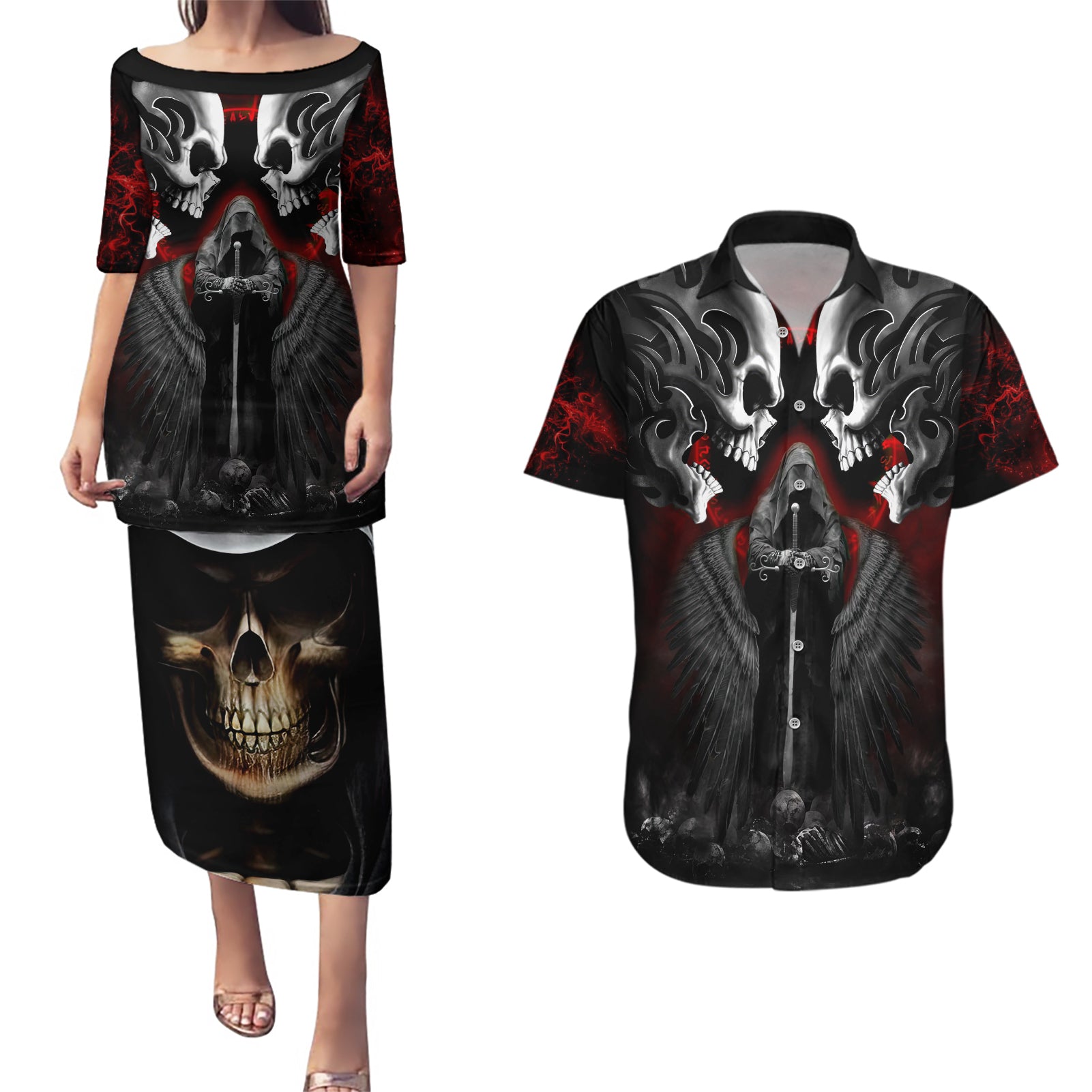 Skull Couples Matching Puletasi Dress and Hawaiian Shirt Double Skull And Death Angel - Wonder Print Shop