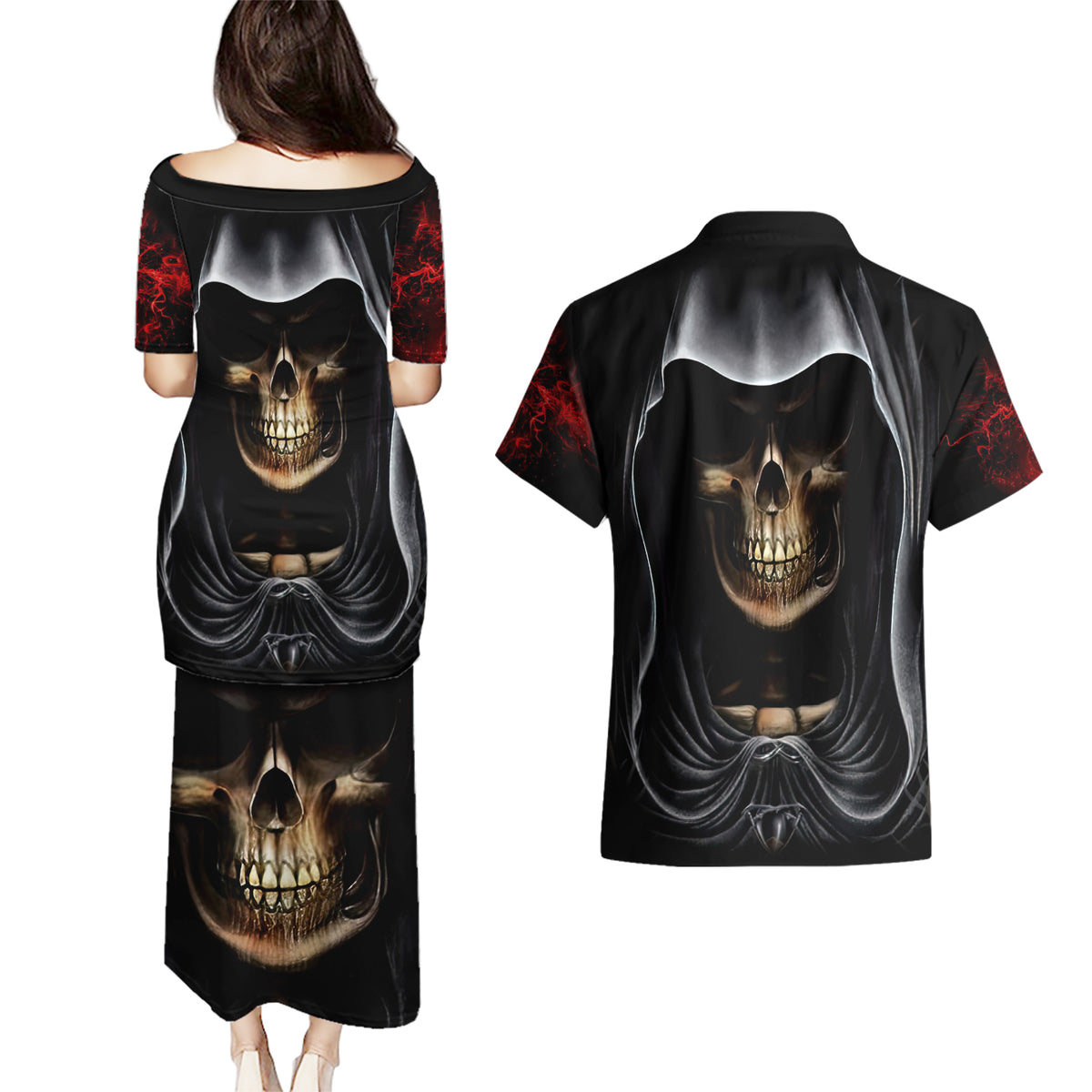 Skull Couples Matching Puletasi Dress and Hawaiian Shirt Double Skull And Death Angel - Wonder Print Shop