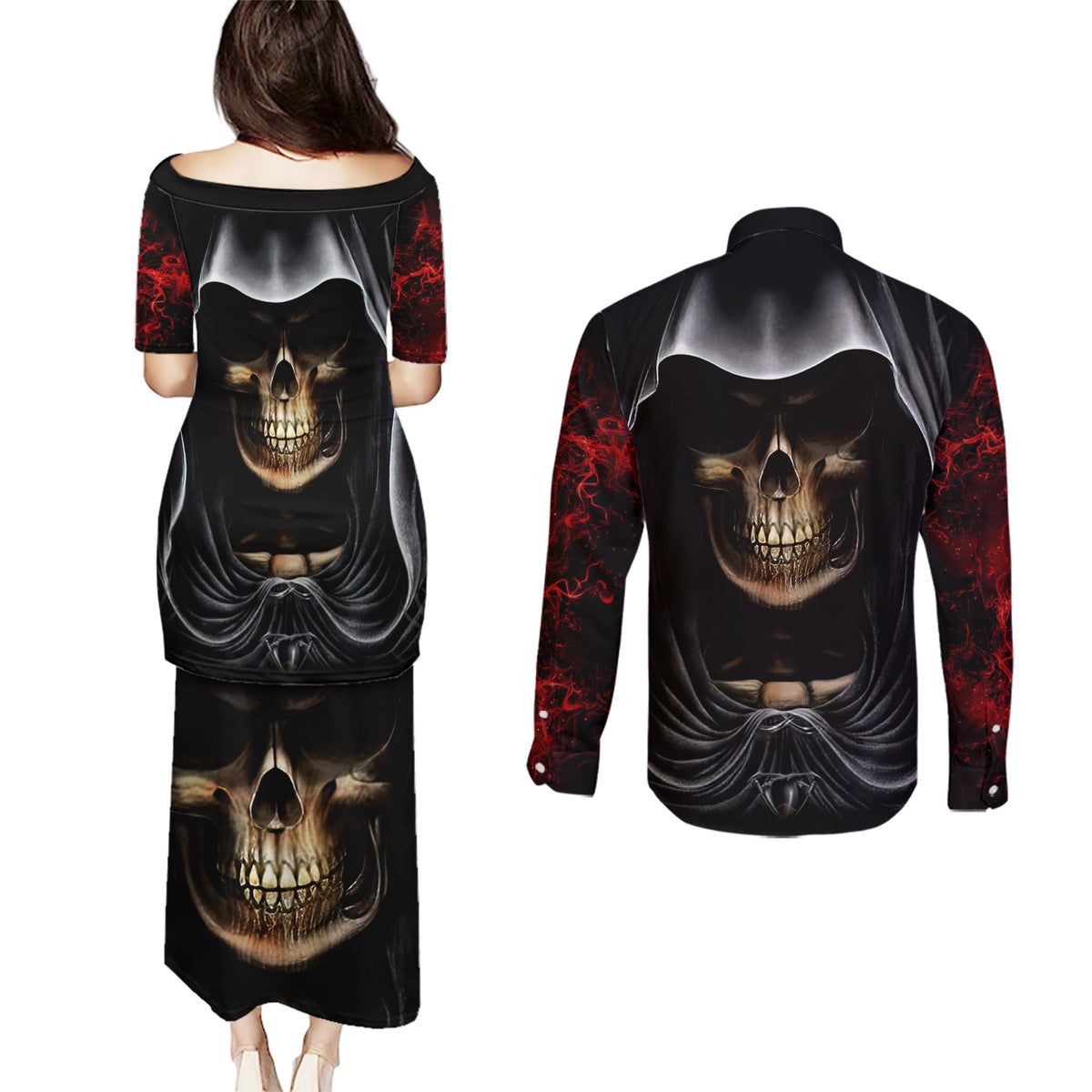 Skull Couples Matching Puletasi Dress and Long Sleeve Button Shirts Double Skull And Death Angel - Wonder Print Shop