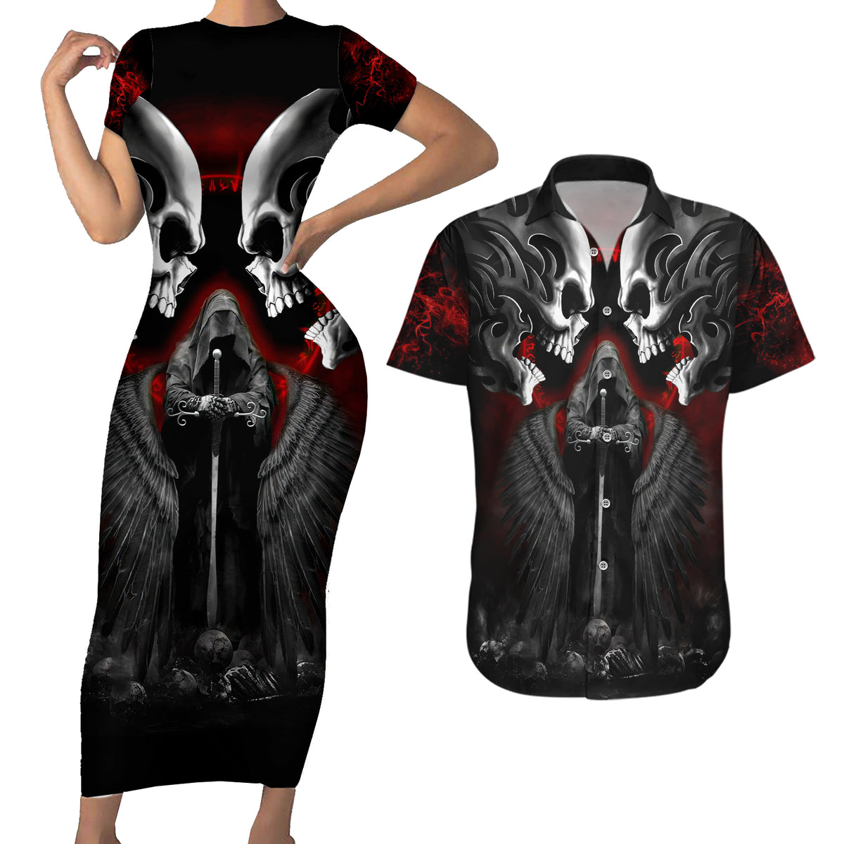 Skull Couples Matching Short Sleeve Bodycon Dress and Hawaiian Shirt Double Skull And Death Angel - Wonder Print Shop