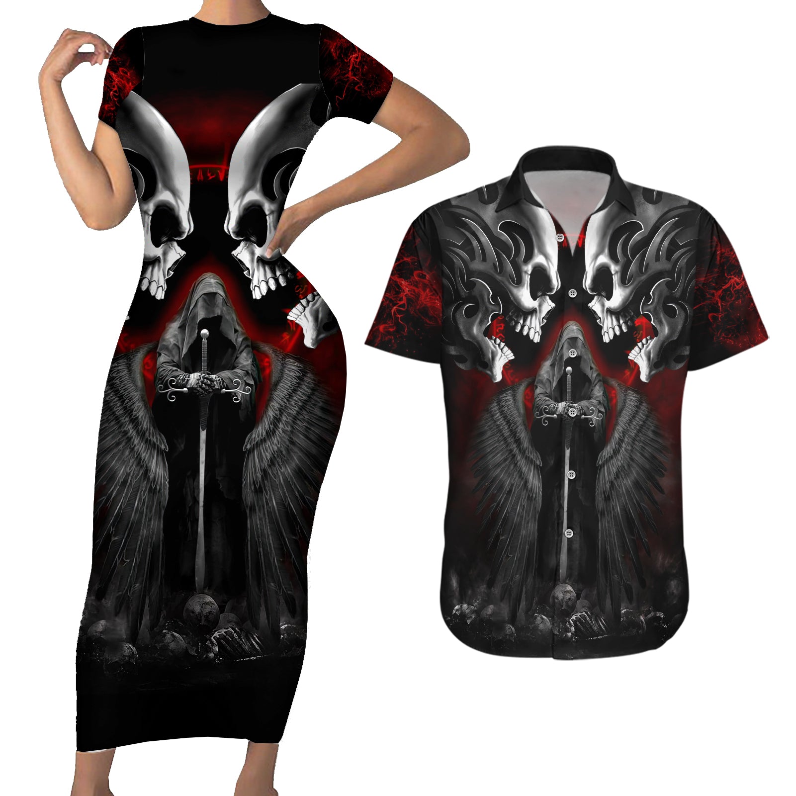 Skull Couples Matching Short Sleeve Bodycon Dress and Hawaiian Shirt Double Skull And Death Angel - Wonder Print Shop
