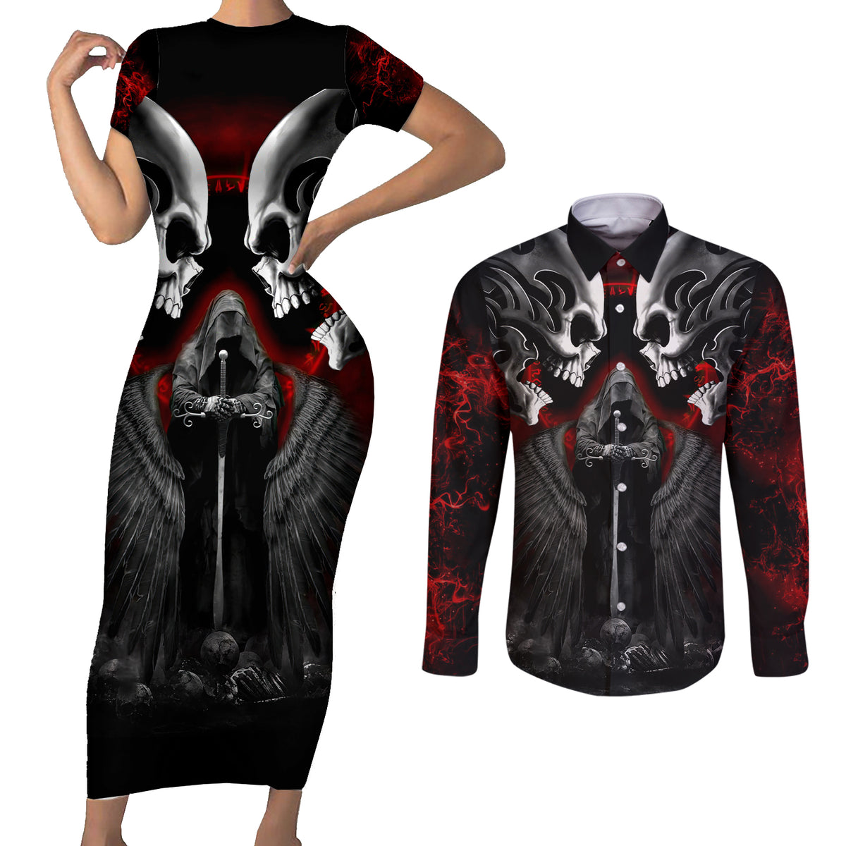 Skull Couples Matching Short Sleeve Bodycon Dress and Long Sleeve Button Shirts Double Skull And Death Angel - Wonder Print Shop