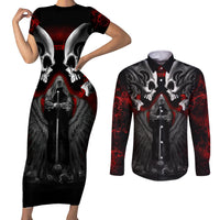 Skull Couples Matching Short Sleeve Bodycon Dress and Long Sleeve Button Shirts Double Skull And Death Angel - Wonder Print Shop
