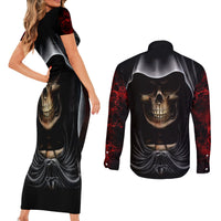 Skull Couples Matching Short Sleeve Bodycon Dress and Long Sleeve Button Shirts Double Skull And Death Angel - Wonder Print Shop