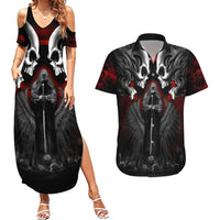 Skull Couples Matching Summer Maxi Dress and Hawaiian Shirt Double Skull And Death Angel - Wonder Print Shop