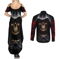 Skull Couples Matching Summer Maxi Dress and Long Sleeve Button Shirts Double Skull And Death Angel - Wonder Print Shop