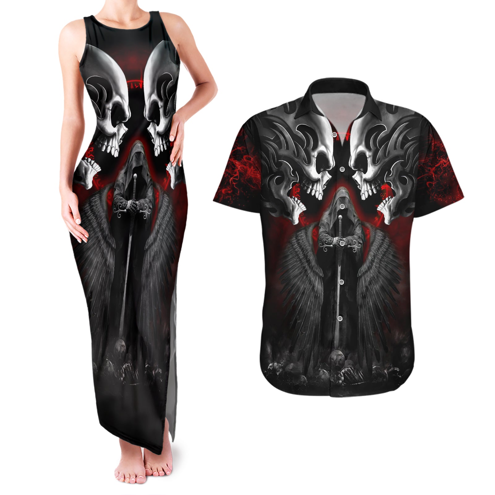 Skull Couples Matching Tank Maxi Dress And Hawaiian Shirt Double Skull And Death Angel - Wonder Print Shop