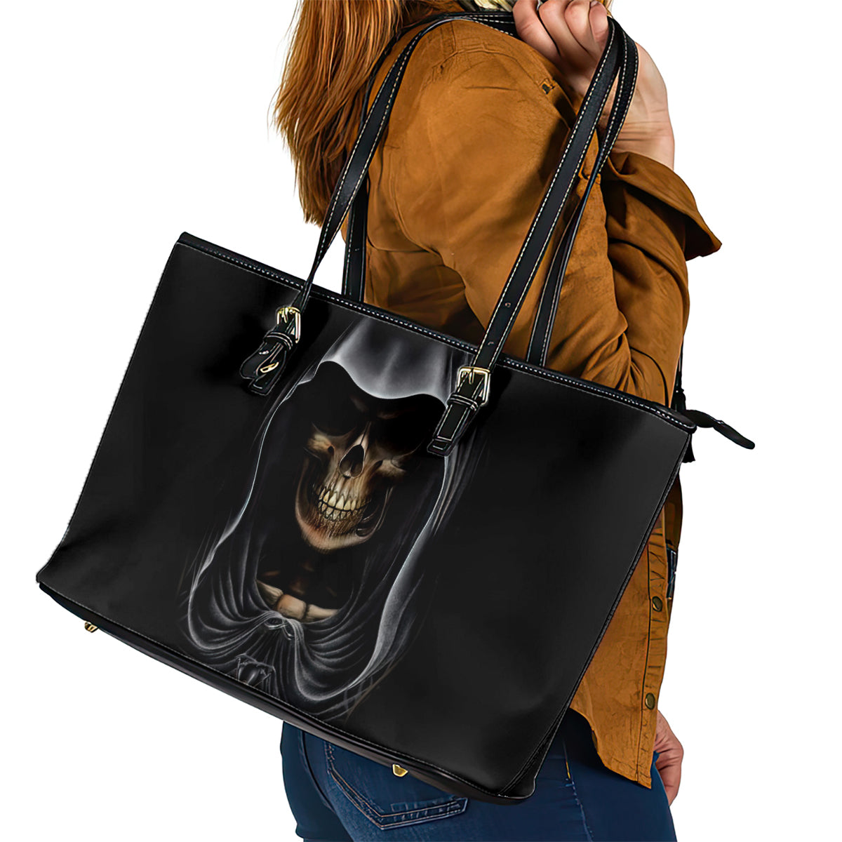 Skull Leather Tote Bag Double Skull And Death Angel - Wonder Print Shop