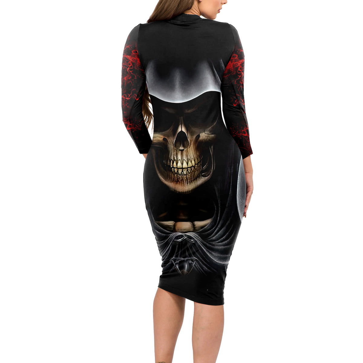 Skull Long Sleeve Bodycon Dress Double Skull And Death Angel - Wonder Print Shop