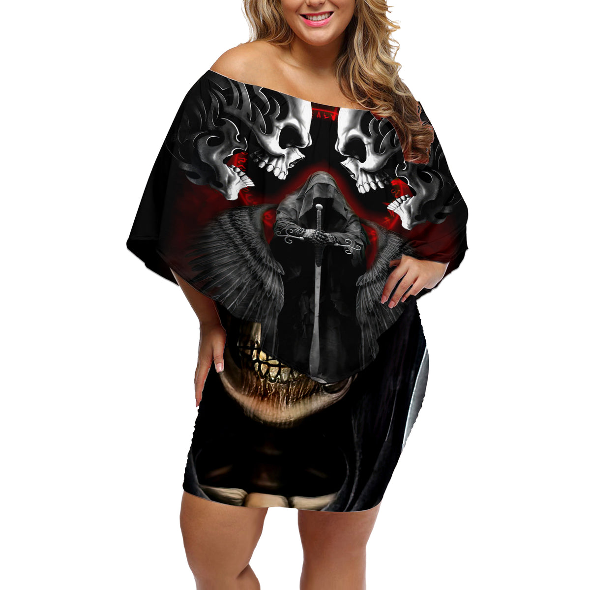 Skull Off Shoulder Short Dress Double Skull And Death Angel - Wonder Print Shop