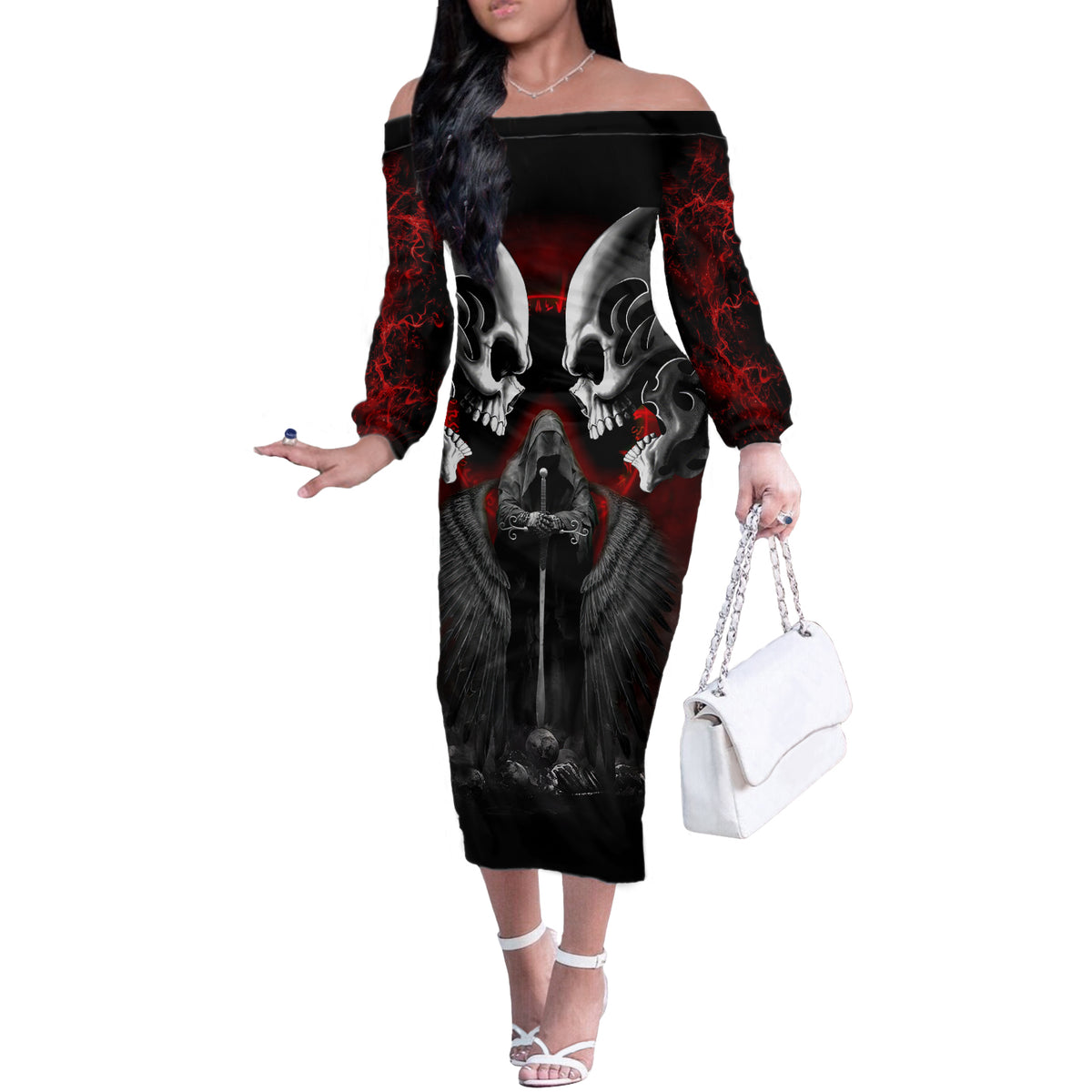 Skull Off The Shoulder Long Sleeve Dress Double Skull And Death Angel - Wonder Print Shop