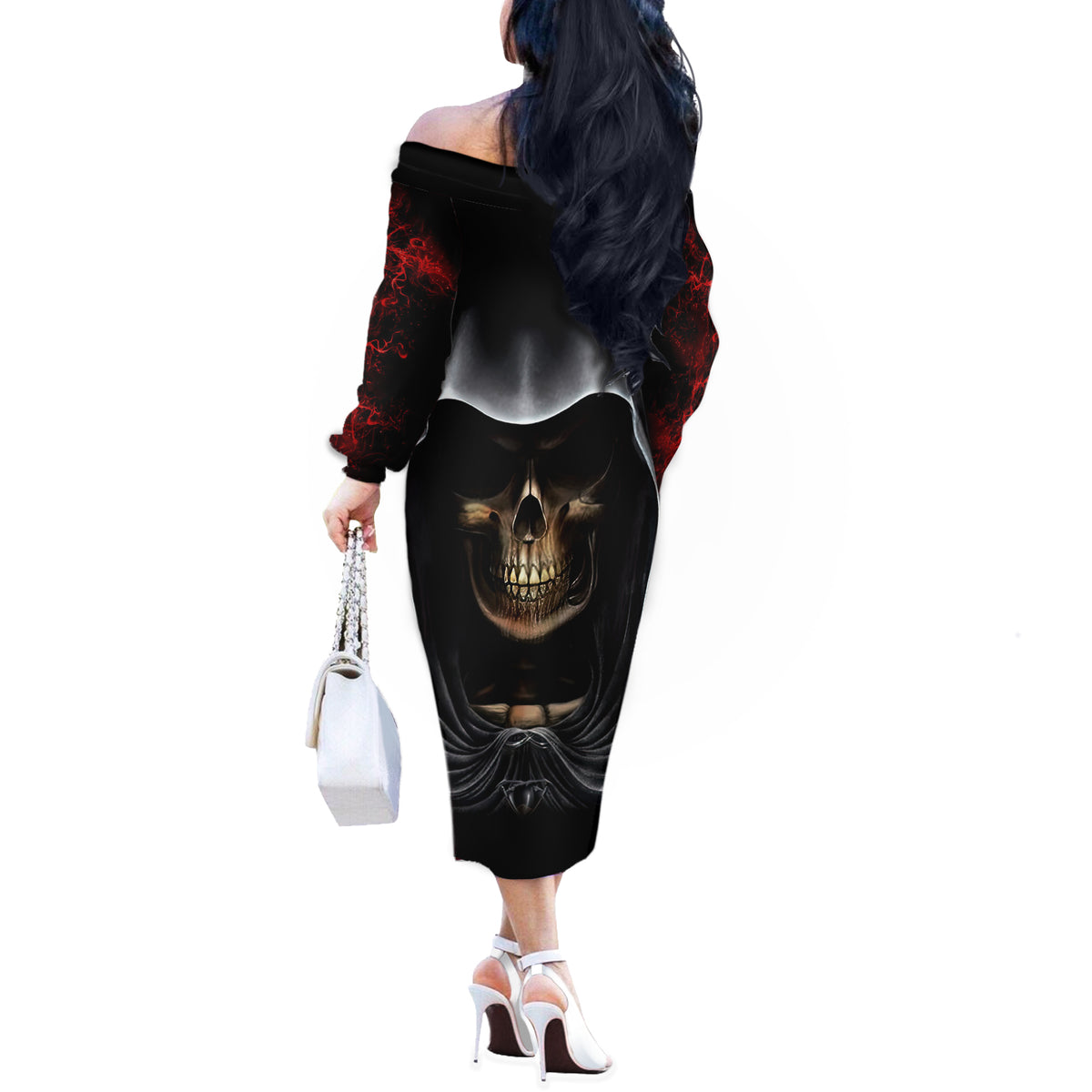 Skull Off The Shoulder Long Sleeve Dress Double Skull And Death Angel - Wonder Print Shop