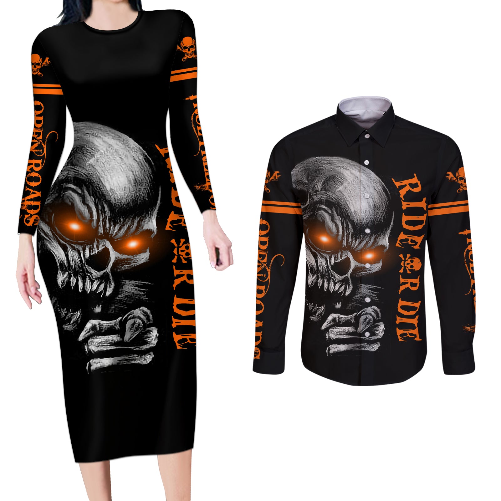 Skull Couples Matching Long Sleeve Bodycon Dress and Long Sleeve Button Shirts Ride Or Die - Wonder Print Shop