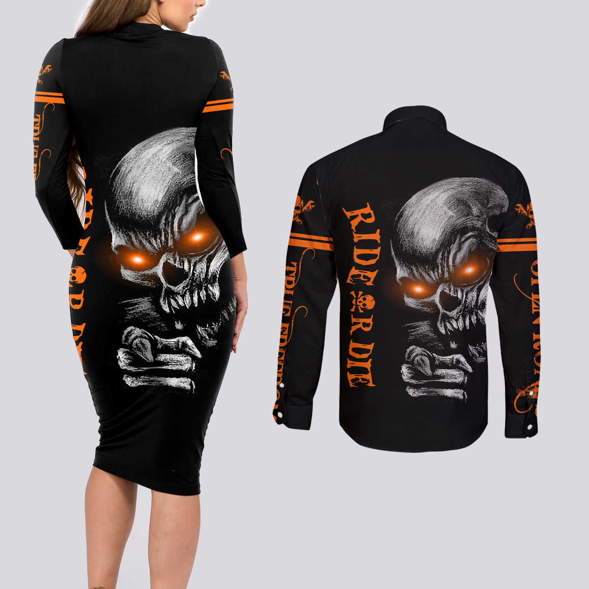 Skull Couples Matching Long Sleeve Bodycon Dress and Long Sleeve Button Shirts Ride Or Die - Wonder Print Shop
