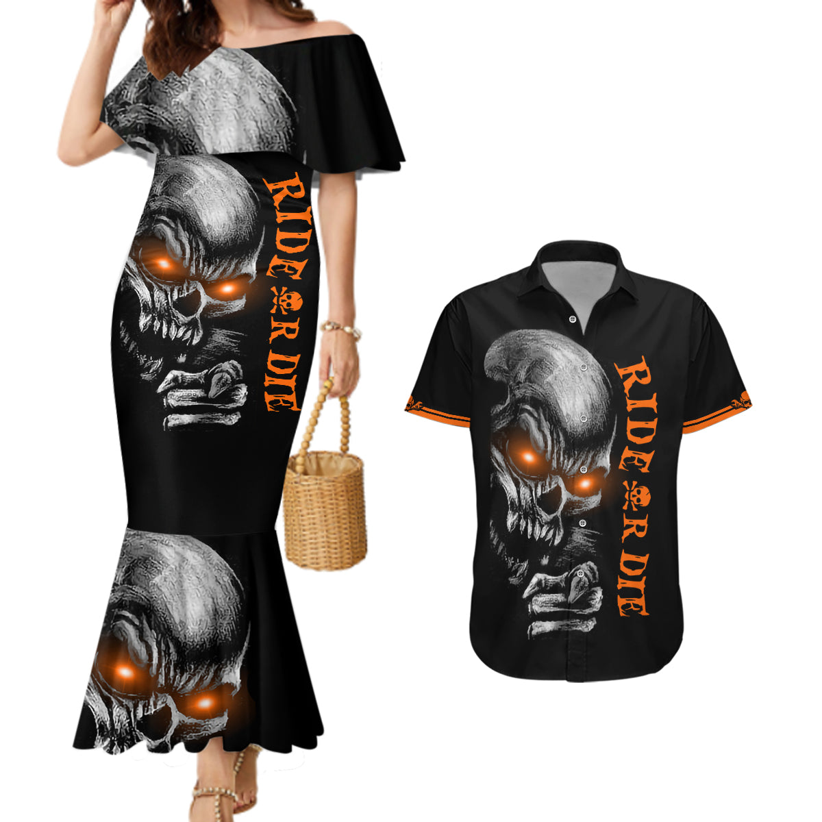 Skull Couples Matching Mermaid Dress And Hawaiian Shirt Ride Or Die - Wonder Print Shop