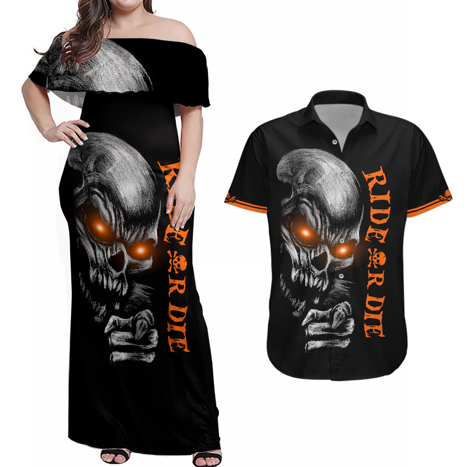 Skull Couples Matching Off Shoulder Maxi Dress and Hawaiian Shirt Ride Or Die - Wonder Print Shop
