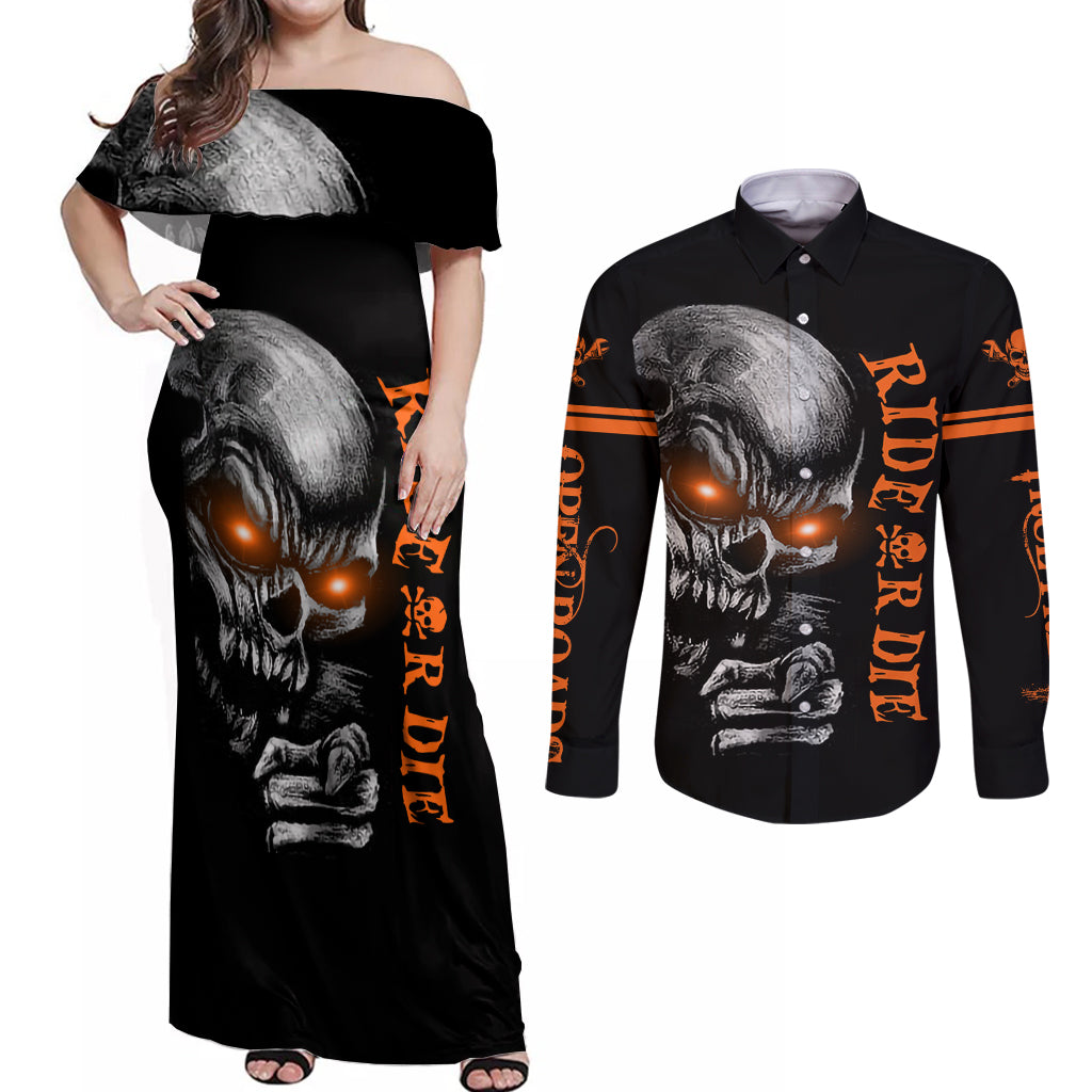 Skull Couples Matching Off Shoulder Maxi Dress and Long Sleeve Button Shirts Ride Or Die - Wonder Print Shop