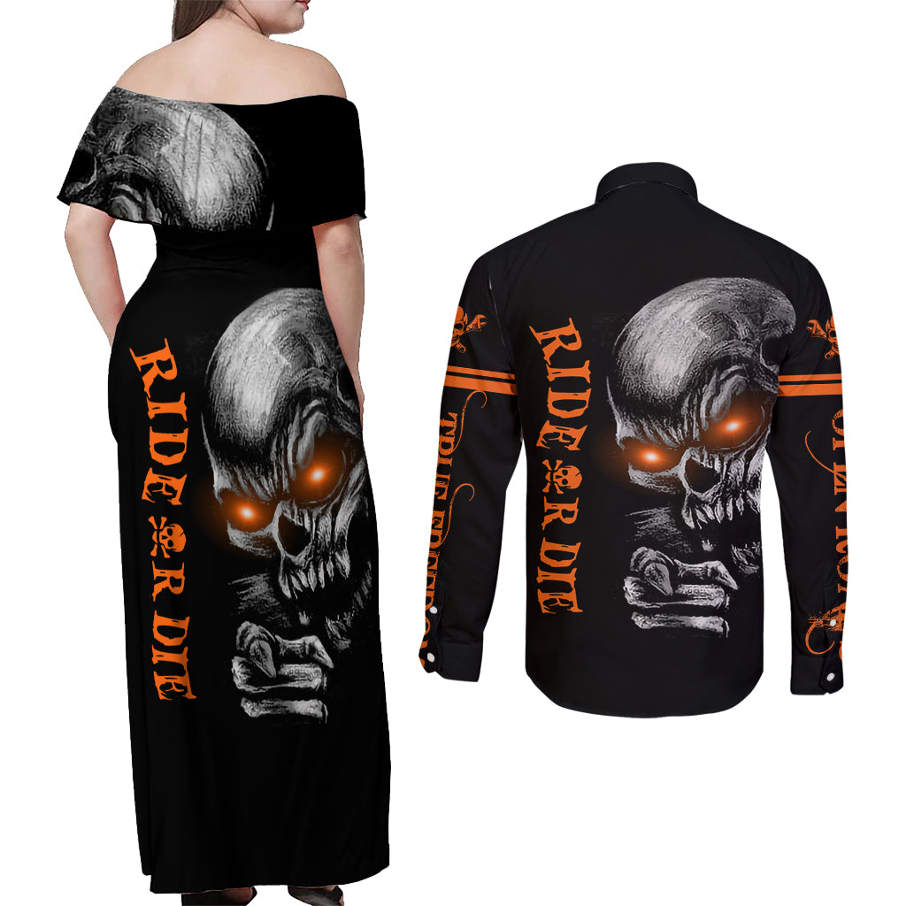 Skull Couples Matching Off Shoulder Maxi Dress and Long Sleeve Button Shirts Ride Or Die - Wonder Print Shop