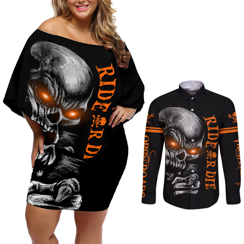 Skull Couples Matching Off Shoulder Short Dress and Long Sleeve Button Shirts Ride Or Die - Wonder Print Shop