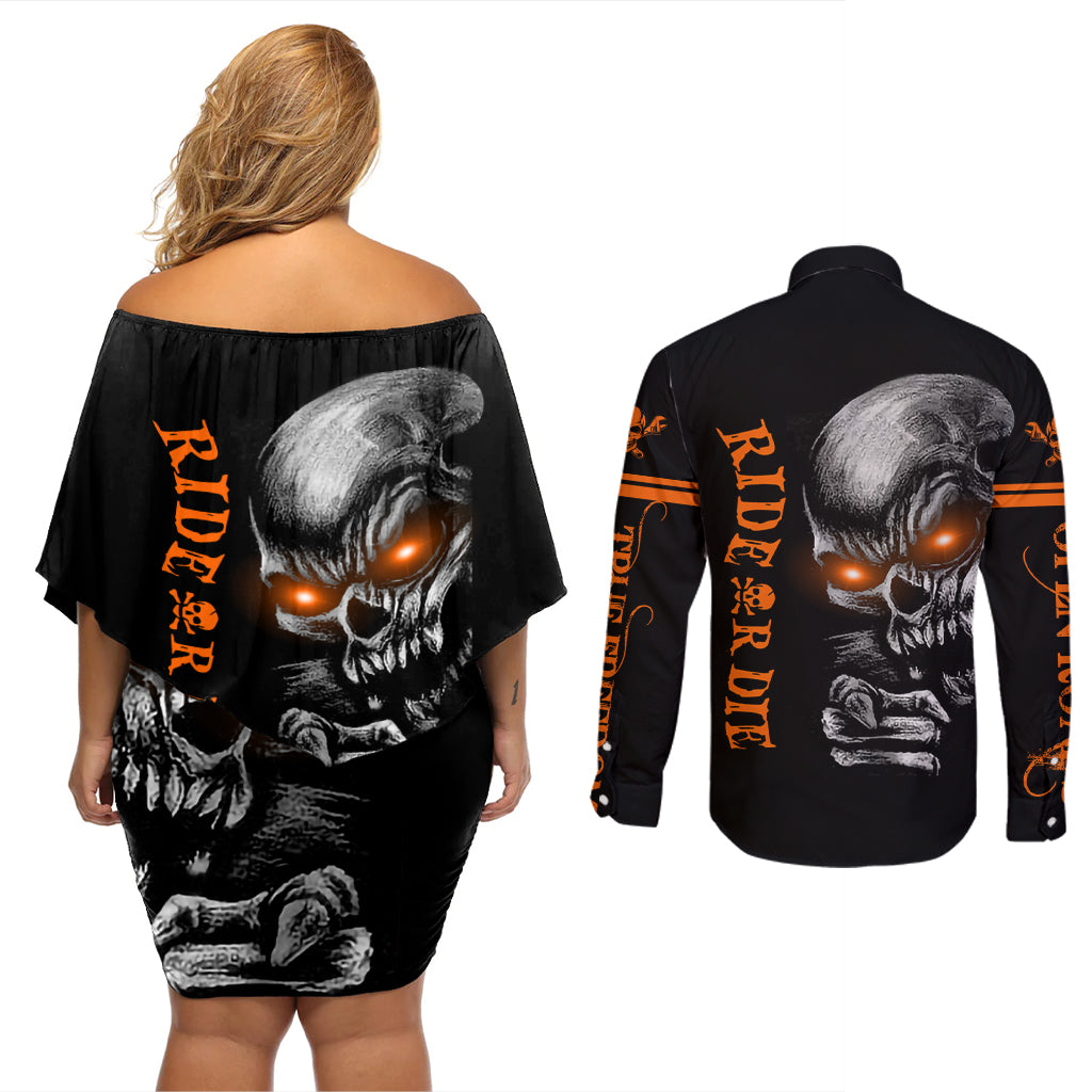 Skull Couples Matching Off Shoulder Short Dress and Long Sleeve Button Shirts Ride Or Die - Wonder Print Shop