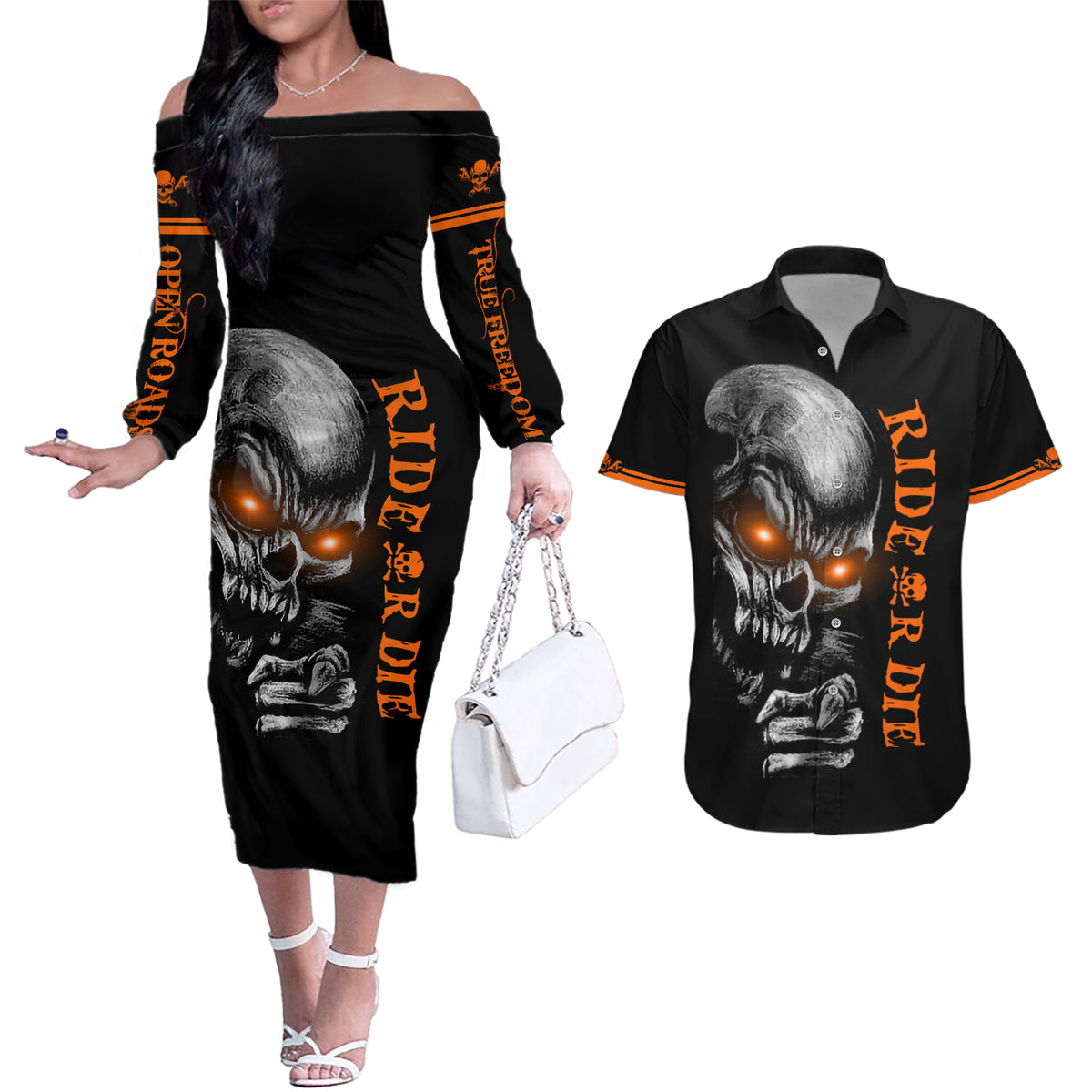 Skull Couples Matching Off The Shoulder Long Sleeve Dress and Hawaiian Shirt Ride Or Die - Wonder Print Shop