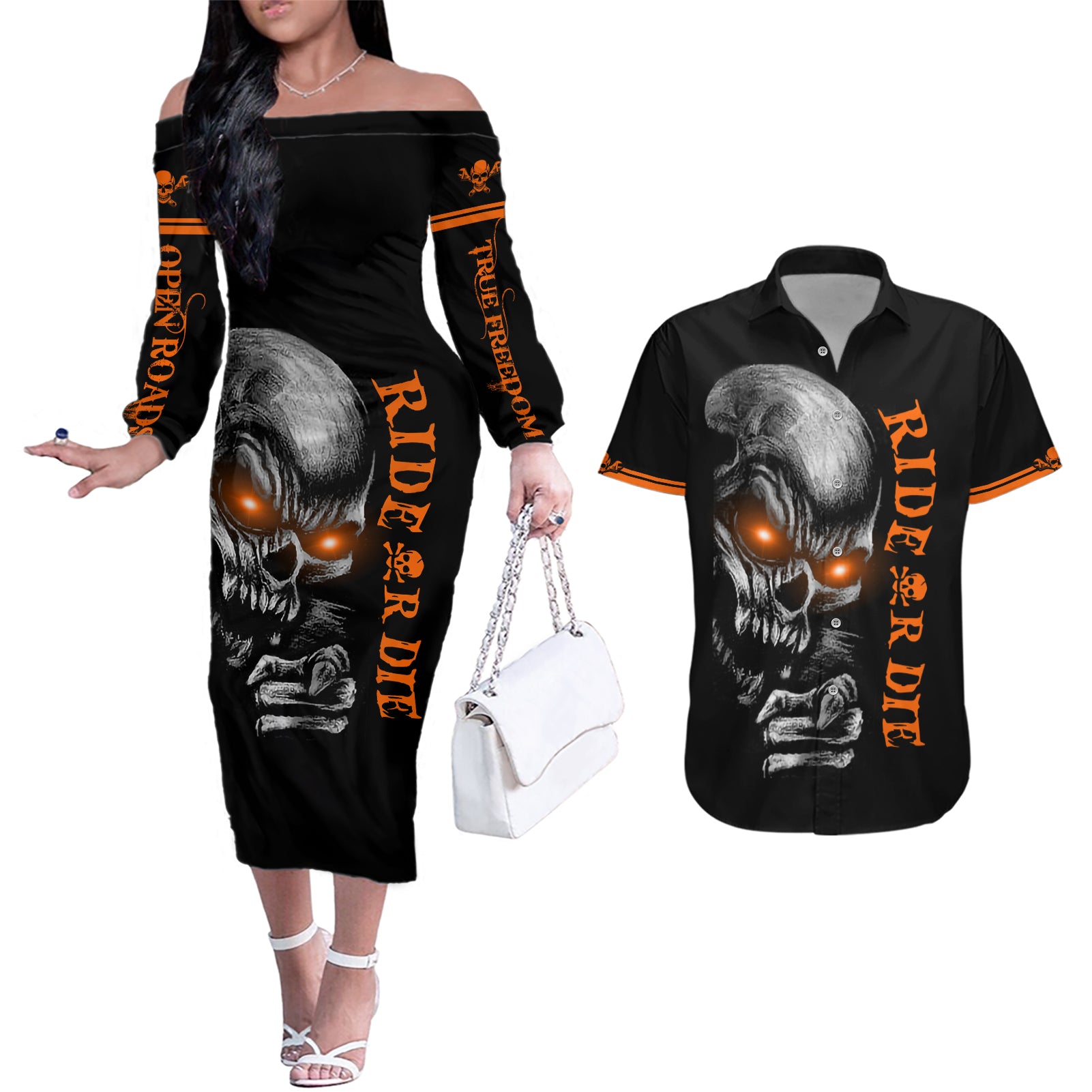 Skull Couples Matching Off The Shoulder Long Sleeve Dress and Hawaiian Shirt Ride Or Die - Wonder Print Shop