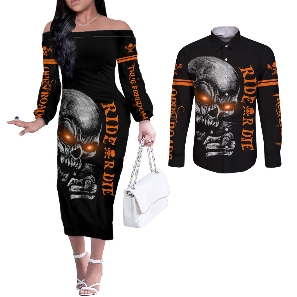 Skull Couples Matching Off The Shoulder Long Sleeve Dress and Long Sleeve Button Shirts Ride Or Die DT01