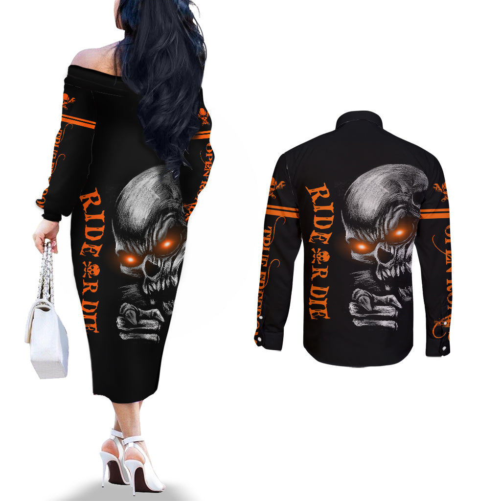 Skull Couples Matching Off The Shoulder Long Sleeve Dress and Long Sleeve Button Shirts Ride Or Die DT01