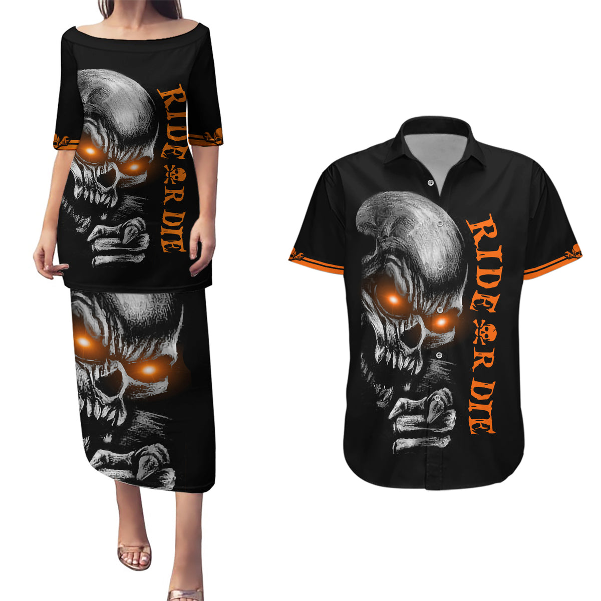 Skull Couples Matching Puletasi Dress and Hawaiian Shirt Ride Or Die - Wonder Print Shop