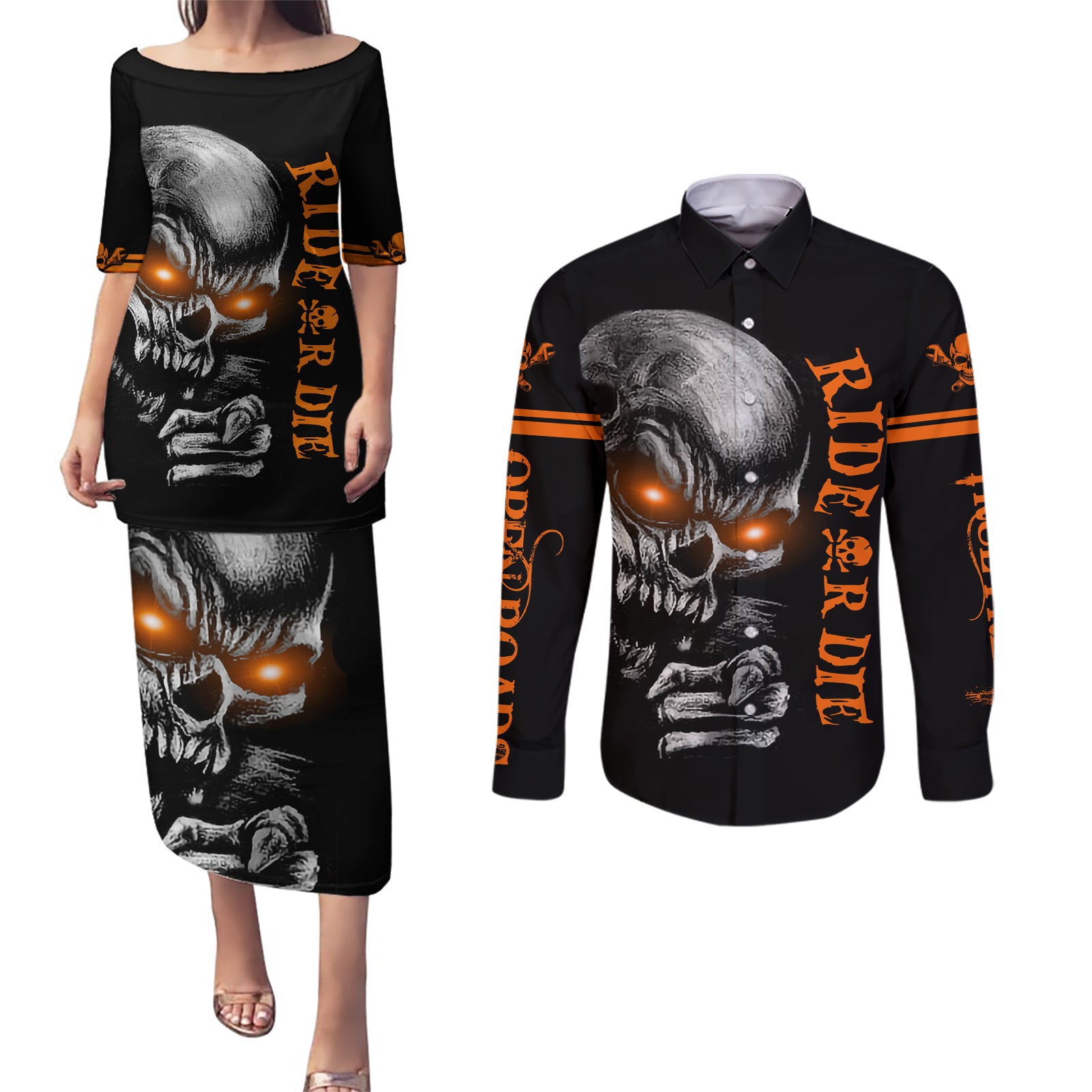 Skull Couples Matching Puletasi Dress and Long Sleeve Button Shirts Ride Or Die - Wonder Print Shop