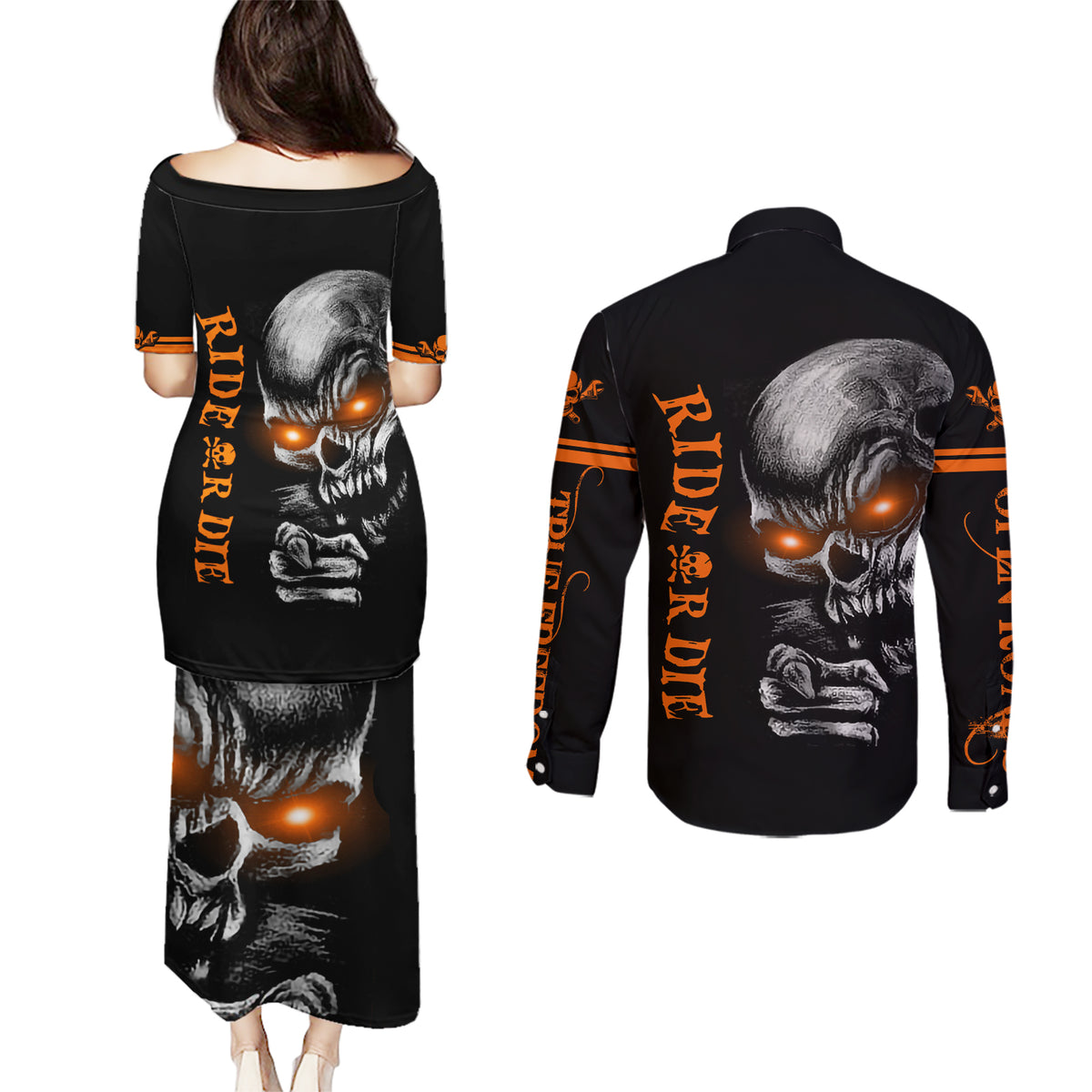 Skull Couples Matching Puletasi Dress and Long Sleeve Button Shirts Ride Or Die - Wonder Print Shop
