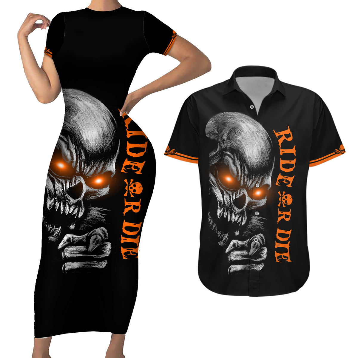 Skull Couples Matching Short Sleeve Bodycon Dress and Hawaiian Shirt Ride Or Die - Wonder Print Shop