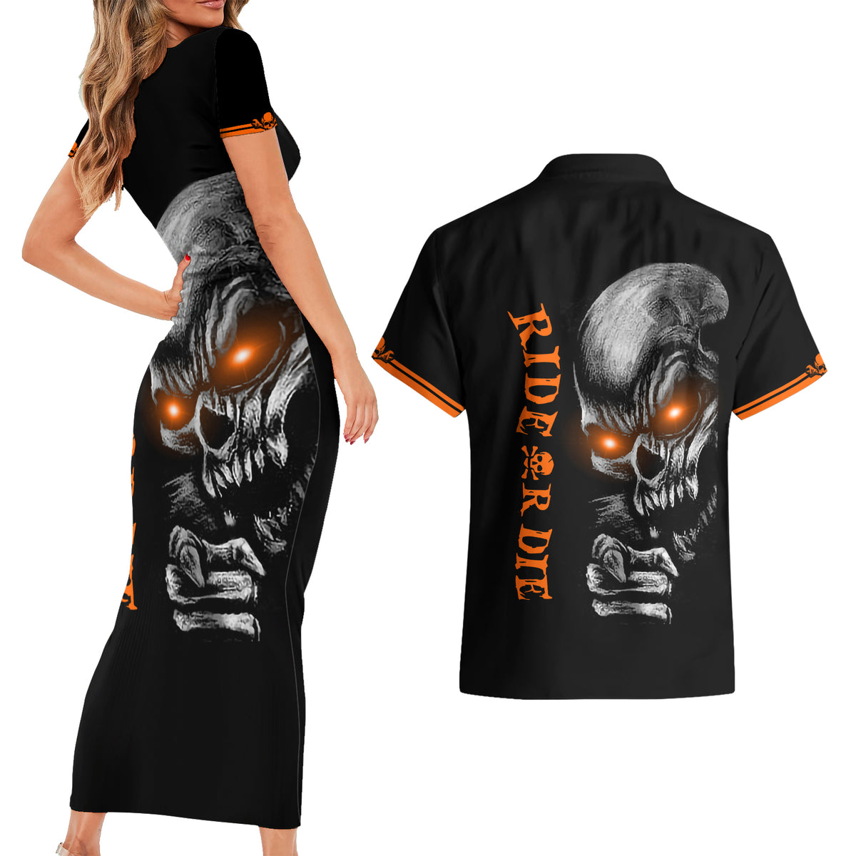 Skull Couples Matching Short Sleeve Bodycon Dress and Hawaiian Shirt Ride Or Die - Wonder Print Shop