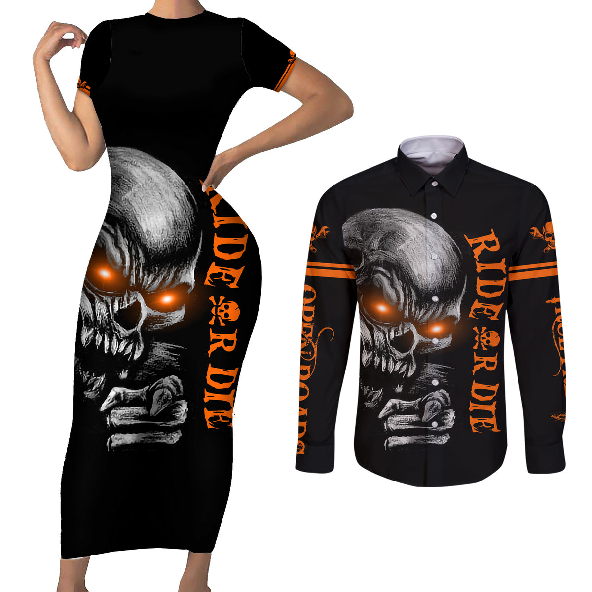 Skull Couples Matching Short Sleeve Bodycon Dress and Long Sleeve Button Shirts Ride Or Die - Wonder Print Shop