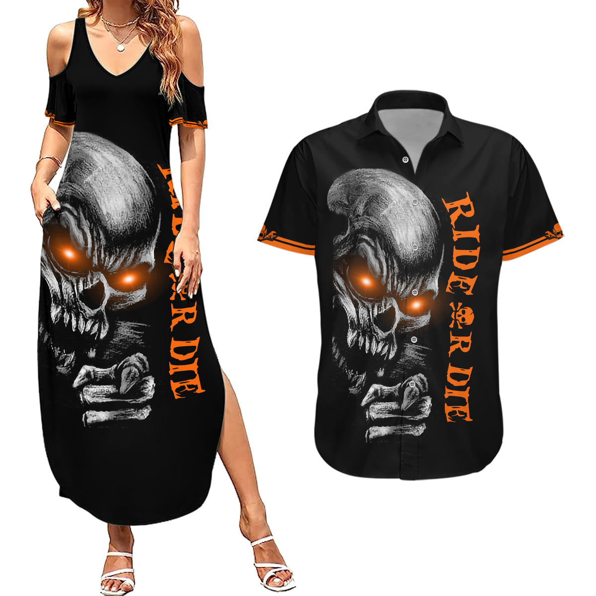 Skull Couples Matching Summer Maxi Dress and Hawaiian Shirt Ride Or Die - Wonder Print Shop