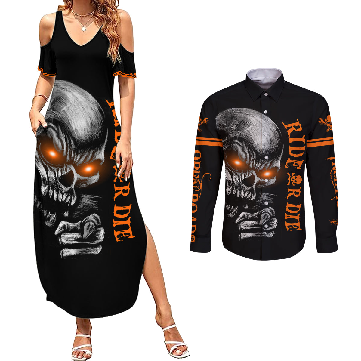 Skull Couples Matching Summer Maxi Dress and Long Sleeve Button Shirts Ride Or Die - Wonder Print Shop