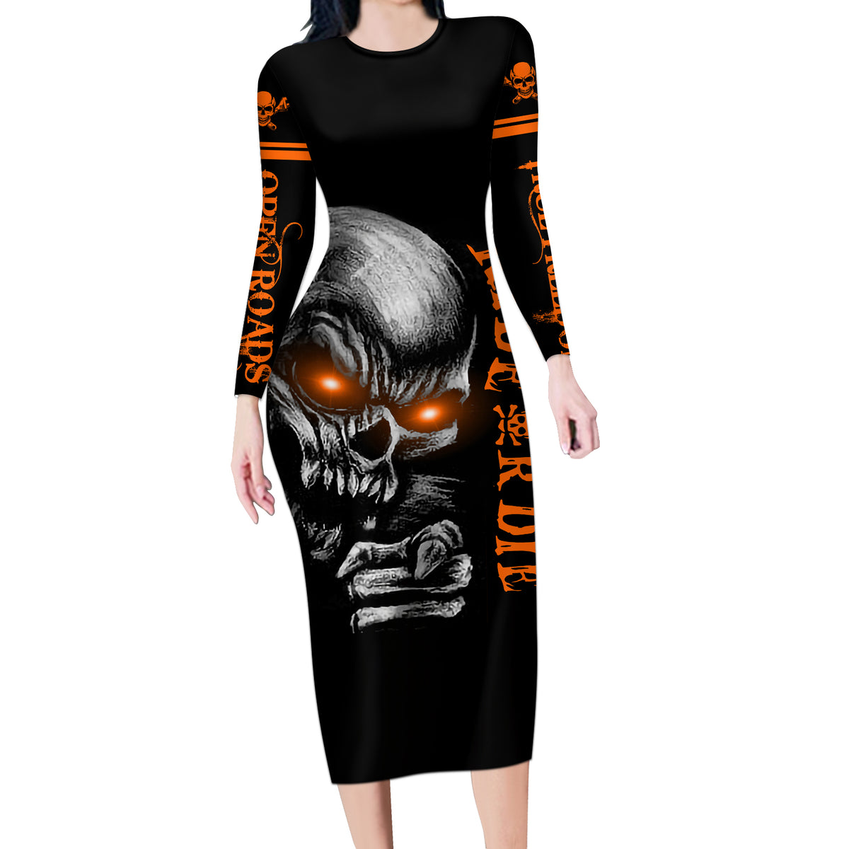 Skull Long Sleeve Bodycon Dress Ride Or Die - Wonder Print Shop