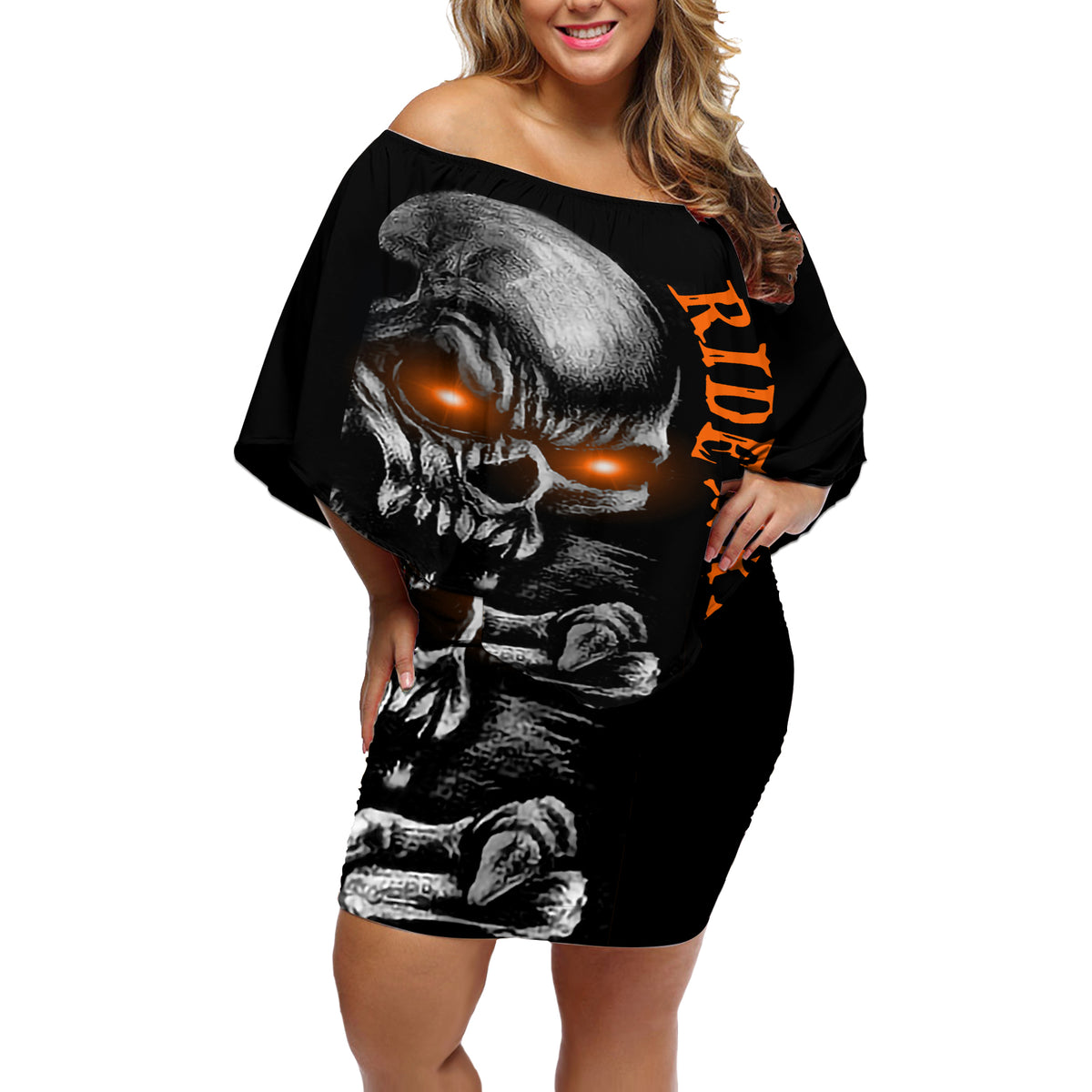 Skull Off Shoulder Short Dress Ride Or Die - Wonder Print Shop