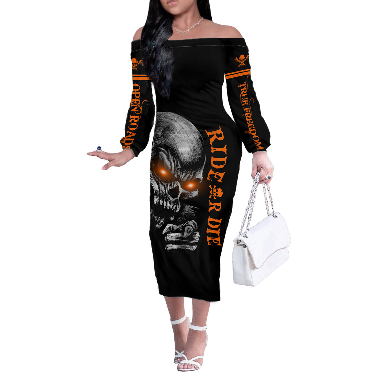 Skull Off The Shoulder Long Sleeve Dress Ride Or Die - Wonder Print Shop